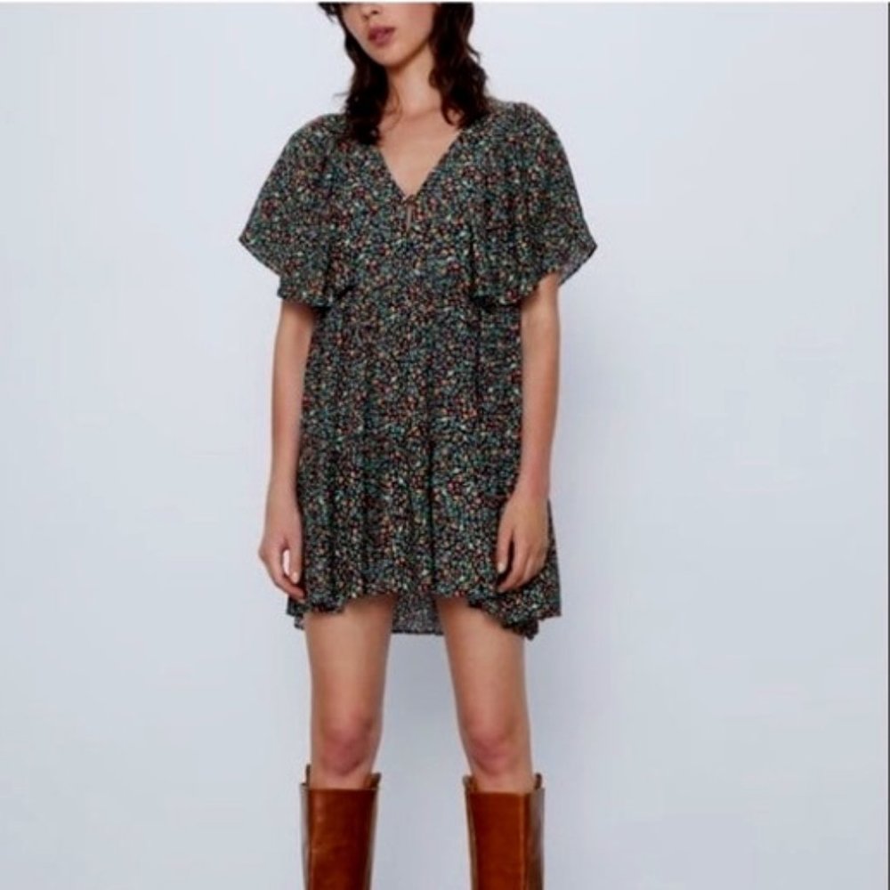 Zara Ditsy Floral Puff Ruffle Sleeve V Neck Black Orange Red Mini Dress Sz S